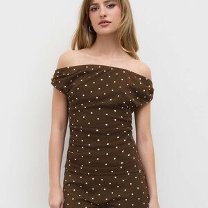 Cider Off the Shoulder Top and Capri Set Brown with White Polka Dots